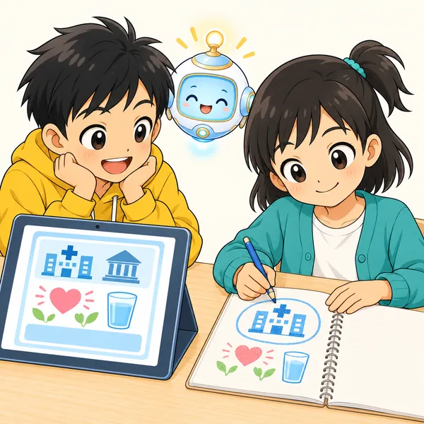 ミオがノートに、どちらのページを参考にしたかを書きとめている
