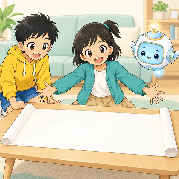 ミオが大きな紙を広げ、みんなの困りごとを全部解決すると張り切っている。