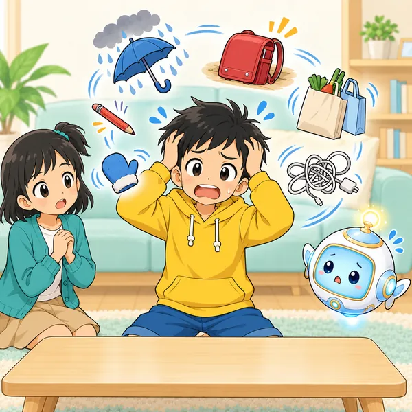 ハルのまわりにたくさんの困りごとのマークが浮かび、頭をかかえている。