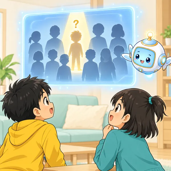 AIロボットが、たくさんの人の中の一人にスポットライトを当てた絵を見せている。