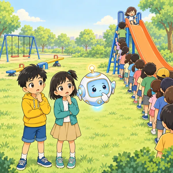 公園で、すべり台の前だけ長い行列ができ、ハルとミオがこまっている。