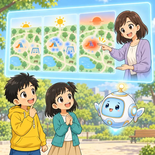 若い女性が公園の地図に人の多さを色で表し、夕方のすべり台のこい色を指さしている。