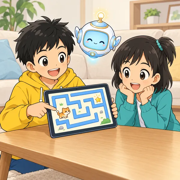 リビングで、ハルが自分で作ったタブレットのゲームを得意げにミオに見せている。