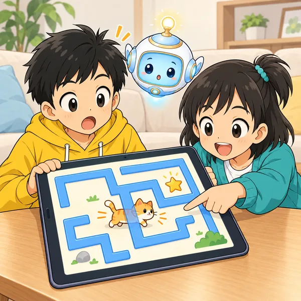 タブレットの中のネコが迷路の壁をすりぬけ、ミオが指さし、ハルがおどろいている。