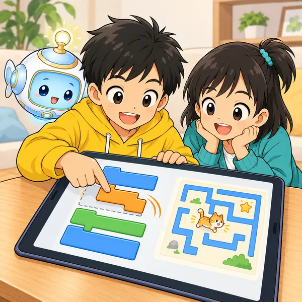 ハルとAIロボットがタブレットをのぞきこみ、ハルが画面のブロックを動かして直している。