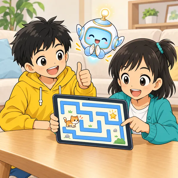 直ったゲームをミオが遊び、ハルが親指を立てて笑い、AIロボットが拍手している。