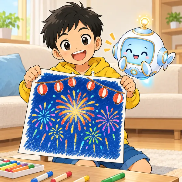 ハルが描き終えたお祭りのポスターを持ち上げて満足している。
