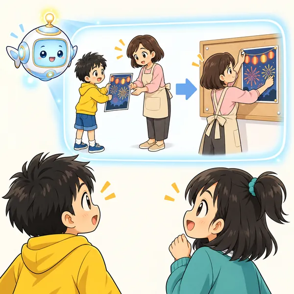 AIロボットが、ポスターを手わたすと相手が次にはれる絵を窓に見せている。