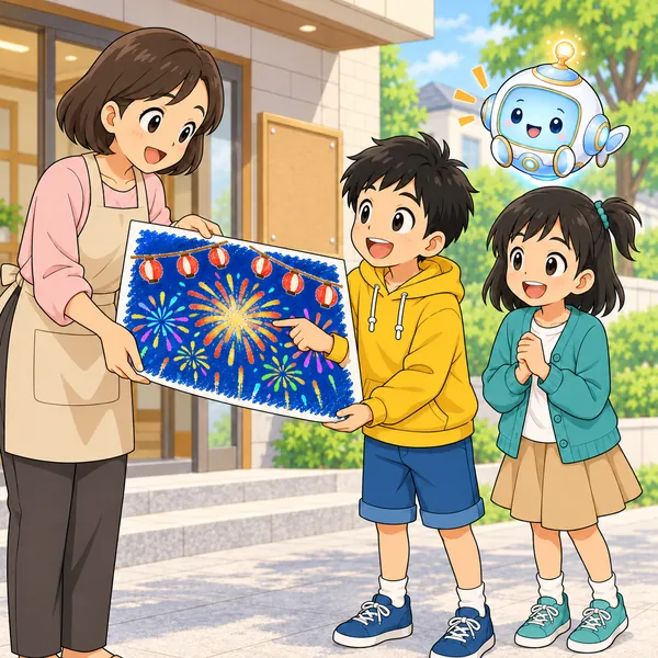 ハルが町内会の人にポスターをわたし、見てほしいところを指さしている。