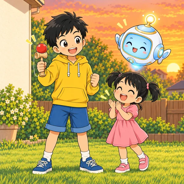 ハルが技に成功して笑い、妹が手をたたいている。