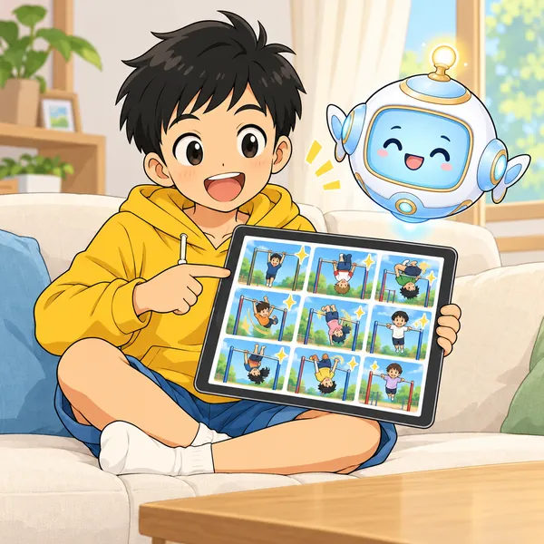 ハルが、さか上がりができた動画がたくさん並ぶ画面を見て、目をかがやかせている。