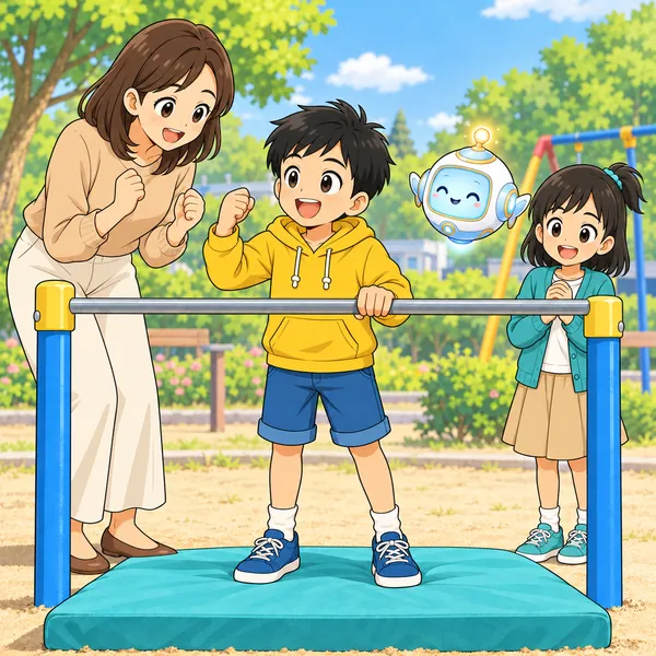 ハルが母と話しながら、明るい顔で鉄棒の前に立っている。