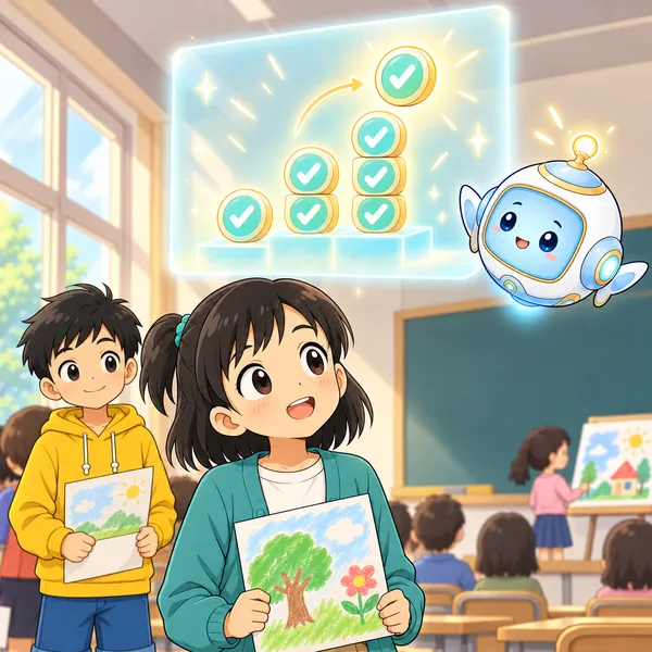 AIロボットが、小さなチェックマークが積み重なって階段になる絵を窓に見せている。