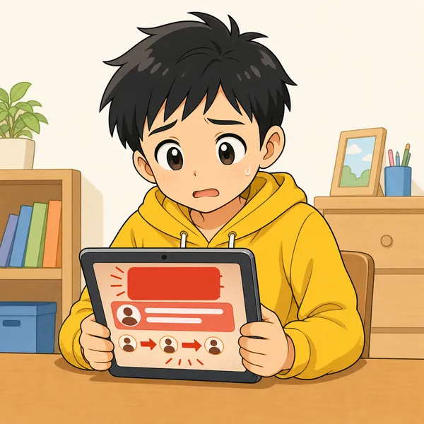 ハルがタブレットで、「これをたくさんの人に回さないと不幸になる」というような、不安をあおるチェーンメッセージを受け取り、こまった顔をしている