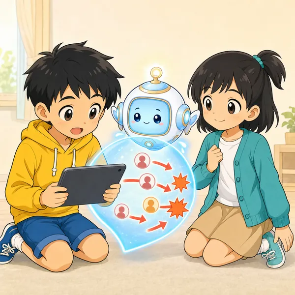 アイがハルのそばに浮かんで、それはうそで、回すとみんなを不安にさせるだけだと、やさしく教えている