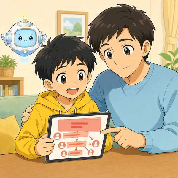 ハルが回すのをやめて、落ち着いた表情でおうちの人(やさしい大人)に画面を見せて相談している