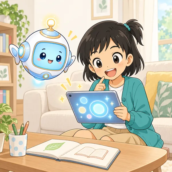 ミオが、AIが教えてくれた本の名前を見つけて喜んでいる。
