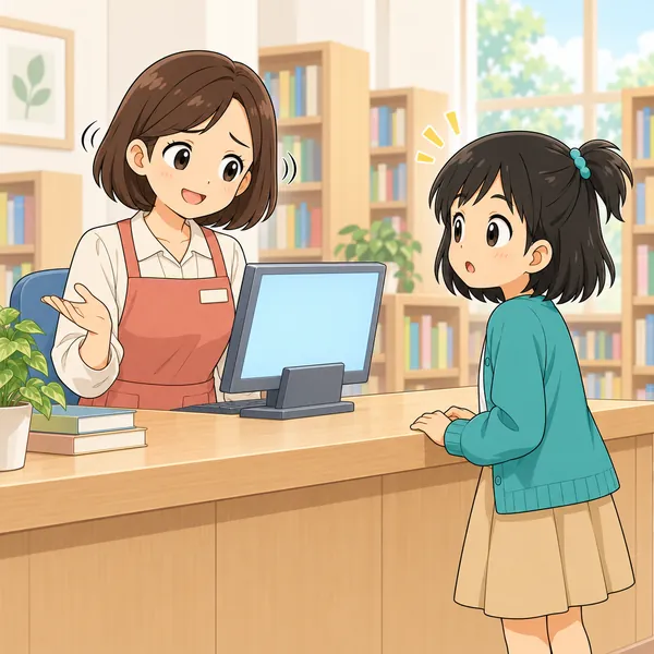 図書館で、司書さんがそんな本はないと首をふり、ミオがぽかんとしている。