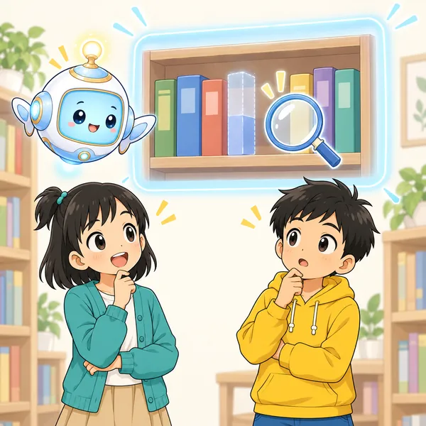 AIロボットが、一冊だけすけている本棚と虫めがねの絵を見せている。