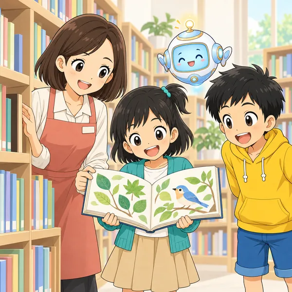 ミオが司書さんといっしょに本物の本を見つけて開いている。