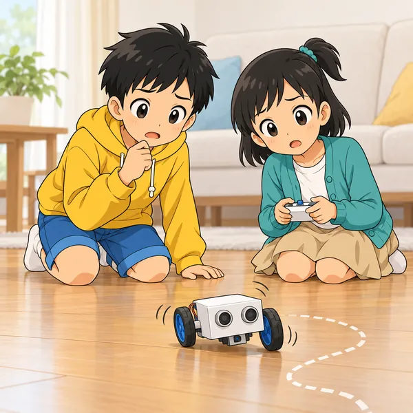 リビングで、ミオの手作りロボットがきのうとちがってふらふら曲がって進んでいる。