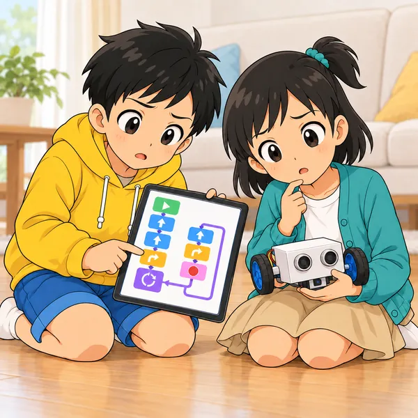 ミオとハルがプログラムを見直しても、まちがいが見つからず首をかしげている。