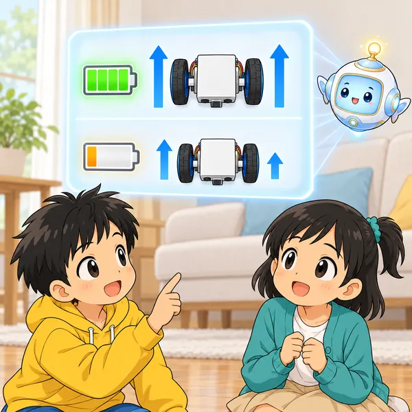 AIロボットが、電池の残りで左右の車輪の回り方がちがってくる様子を光の窓で見せている。