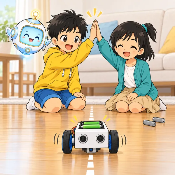 新しい電池に替えたロボットがまっすぐ進み、ミオとハルがハイタッチしている。