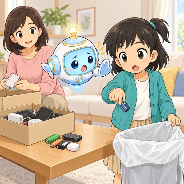 ミオがお母さんの片づけた電池をごみ袋に入れようとして、AIロボットがあわてている。