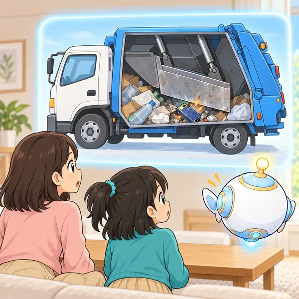 光の窓の中で、ごみ収集車の中の電池がつぶれて火花が出ている。ミオとお母さんが見ている。