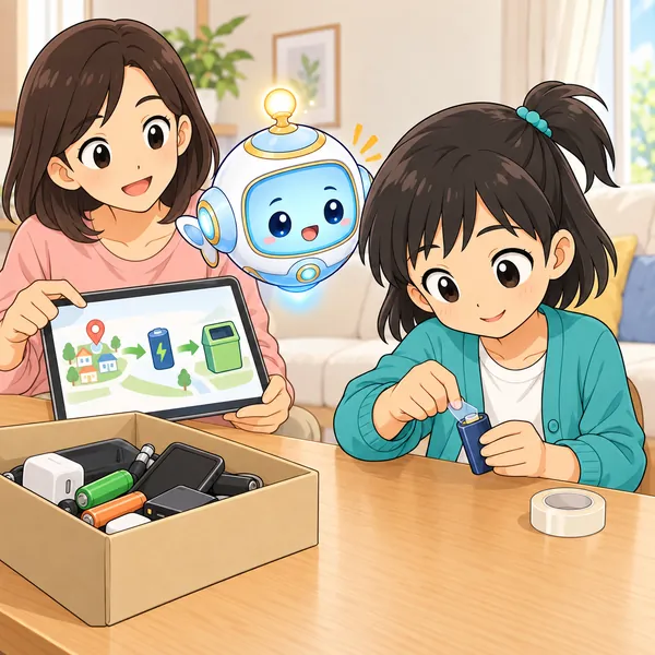 お母さんがタブレットで回収の案内を見て、ミオが電池の金具にテープをはっている。