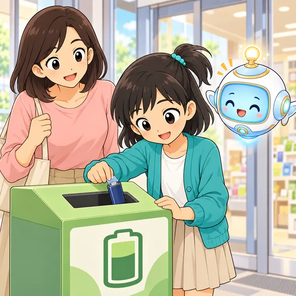 お店の回収ボックスに、ミオがテープをはった電池を入れている。お母さんとAIロボットが笑顔。