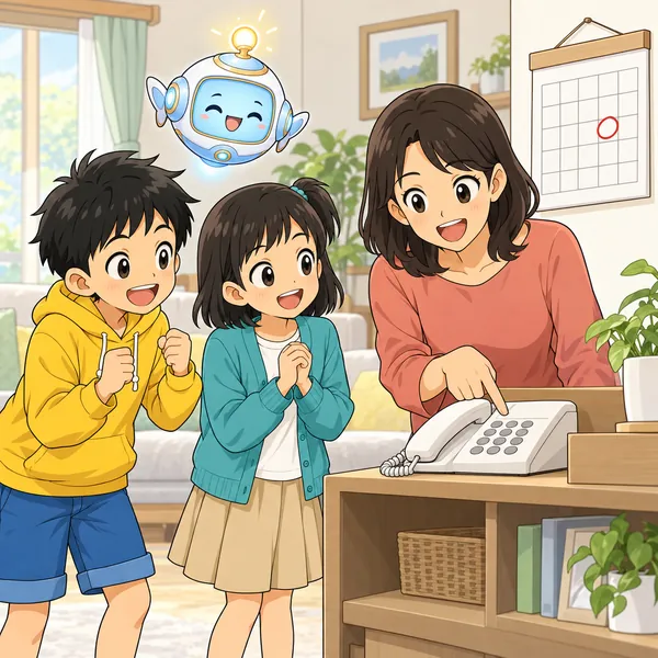 カレンダーに赤い丸がついた朝、ハルとミオとミオのお母さんが家の電話のまわりに集まっている。