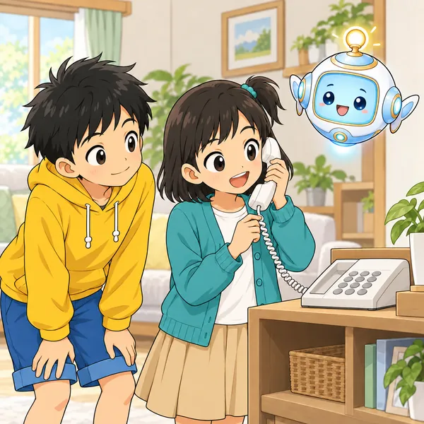 ミオが受話器を耳にあてて話し、ハルが耳をすませている。