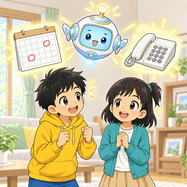 AIロボットが、カレンダーと電話の絵をうかべ、ハルとミオがうなずいている。