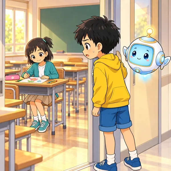 ハルが、ミオの席のほうを見て、伝えるかどうかまよっている。