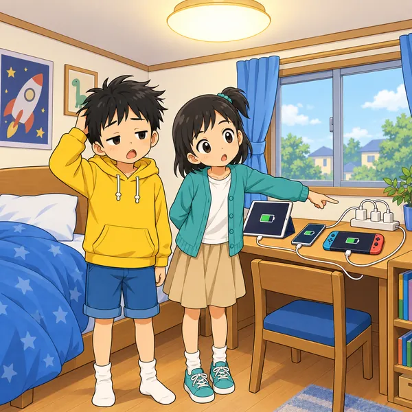 朝。ミオがハルの部屋に来て、コンセントに何本もささった充電コードを指さして首をかしげている