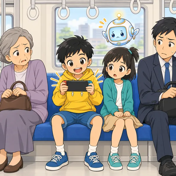 電車の車内。ハルが座席でゲームの音を大きく出して遊んでいる