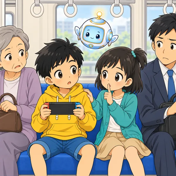 ミオがハルの肩を小さくたたき、口に指を当てて『しー』のしぐさ