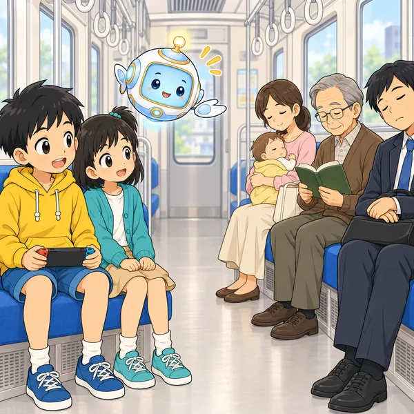 アイがハルのそばに浮かび、車内をやさしく手で示している