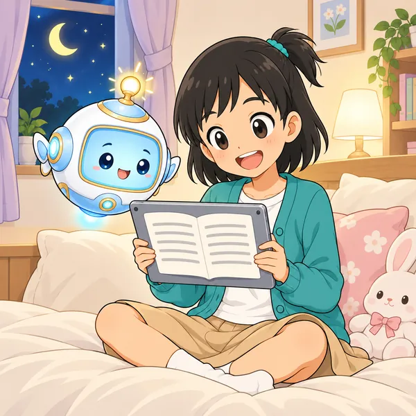 夜の部屋で、ミオがベッドに座り、タブレットで本を楽しそうに読んでいる。