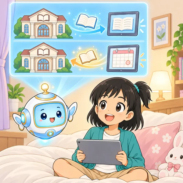 AIロボットの窓の中に、図書館から本が届き、印の日に図書館へもどっていく図がうかんでいる。