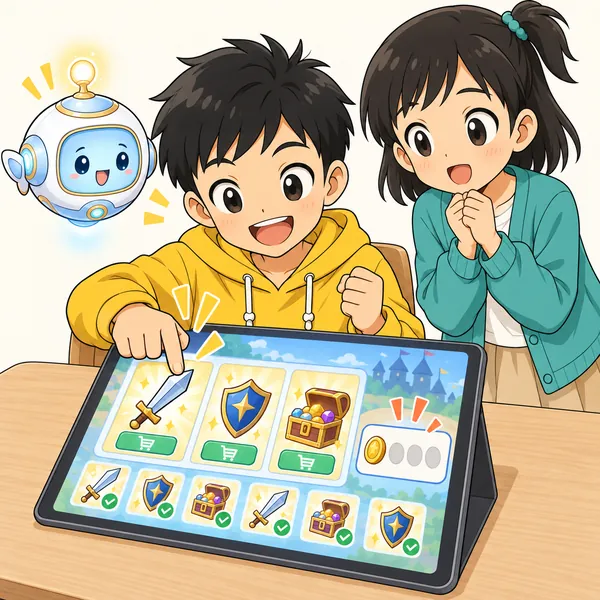 ハルがゲーム内の通貨で、次々とアイテムを買っている