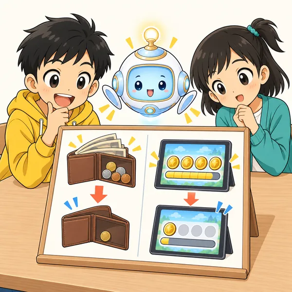 アイが、現金だと見えて減るのに、数字だと実感がうすいことを比べて見せている