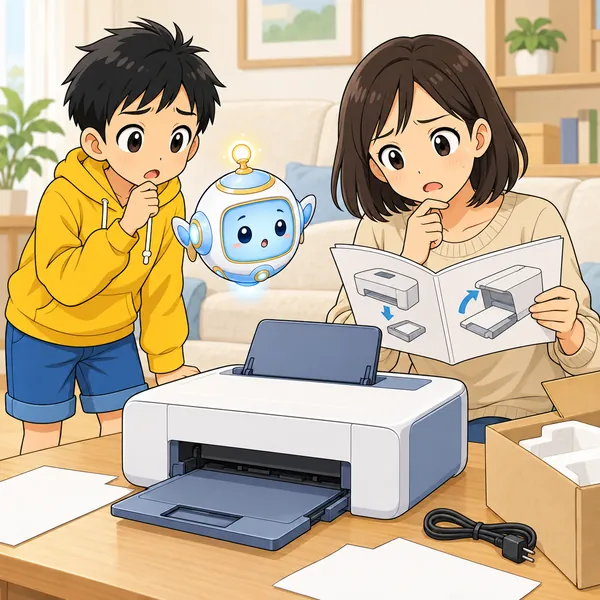 リビングで、ハルのお母さんが動かないプリンターと説明書を手にこまっている。
