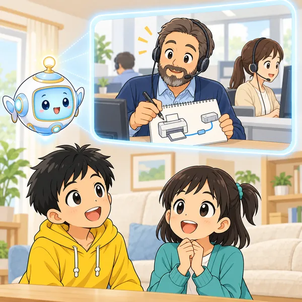 ヘッドセットの男性が電話の話を聞きながら、メモにプリンターの絵を描いている。