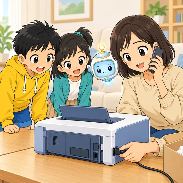 お母さんが電話で話しながら、プリンターのケーブルをさしなおしている。