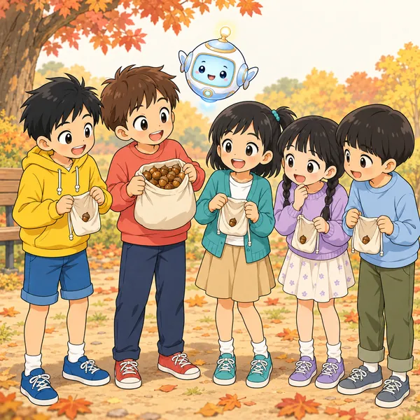 秋の公園で、拾ったどんぐりの袋を見せ合う子どもたち。一人の袋だけがぱんぱん。