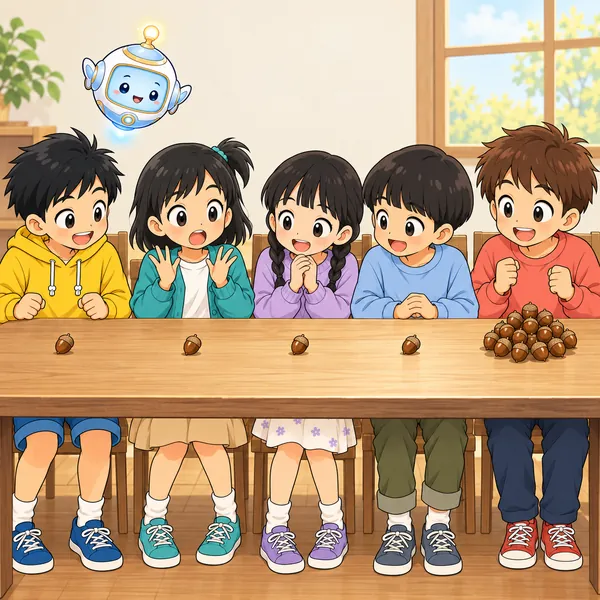 テーブルの上で、4人の前に1個ずつ、1人の前に山盛りのどんぐりが並んでいる。