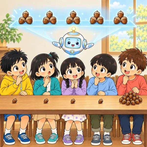 AIロボットが、5つの山を同じ高さにならした様子をうかべ、本物のどんぐりと見比べている。